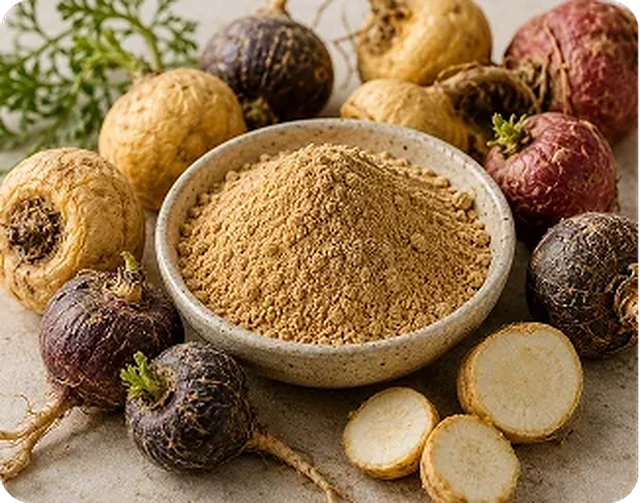 Maca root beside its milled powder. The tubers range from pale yellow to deep purple.